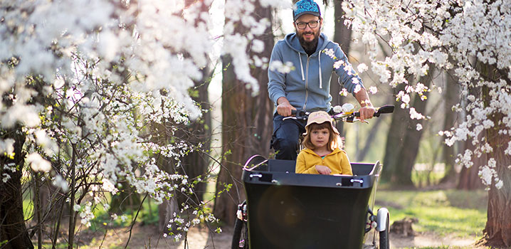 Vater fährt mit Tochter im Lastenfahrrad durch einen Park im Frühling