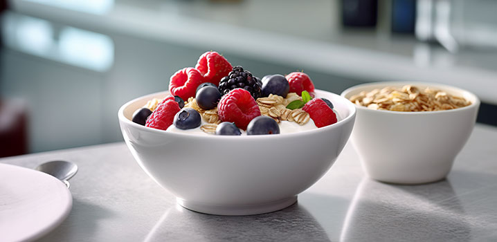 Schüssel mit Müsli und verschiedenen Beeren