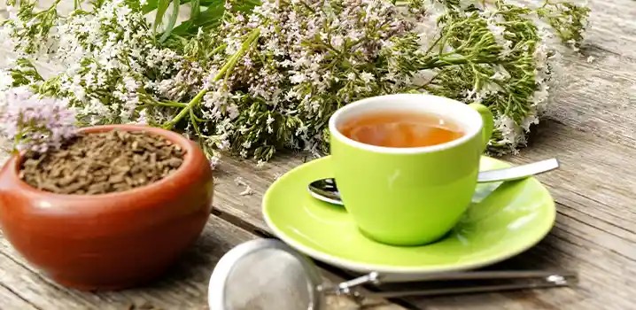 Grüne Teetasse steht im Vordergrund.