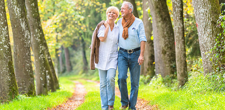 Älteres Pärchen geht im Frühlingswald spazieren