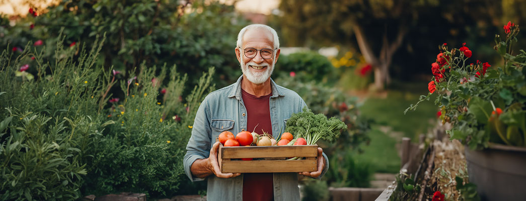Älterer Mann steht im Grünen und trägt eine Holzkiste mit frischem Gemüse