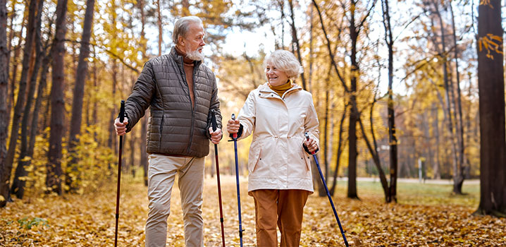 Älteres Ehepaar beim Nordic Walking durch den Herbstwald
