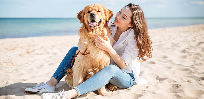 Junge Frau sitzt am Strand und hält einen großen Hund im Arm